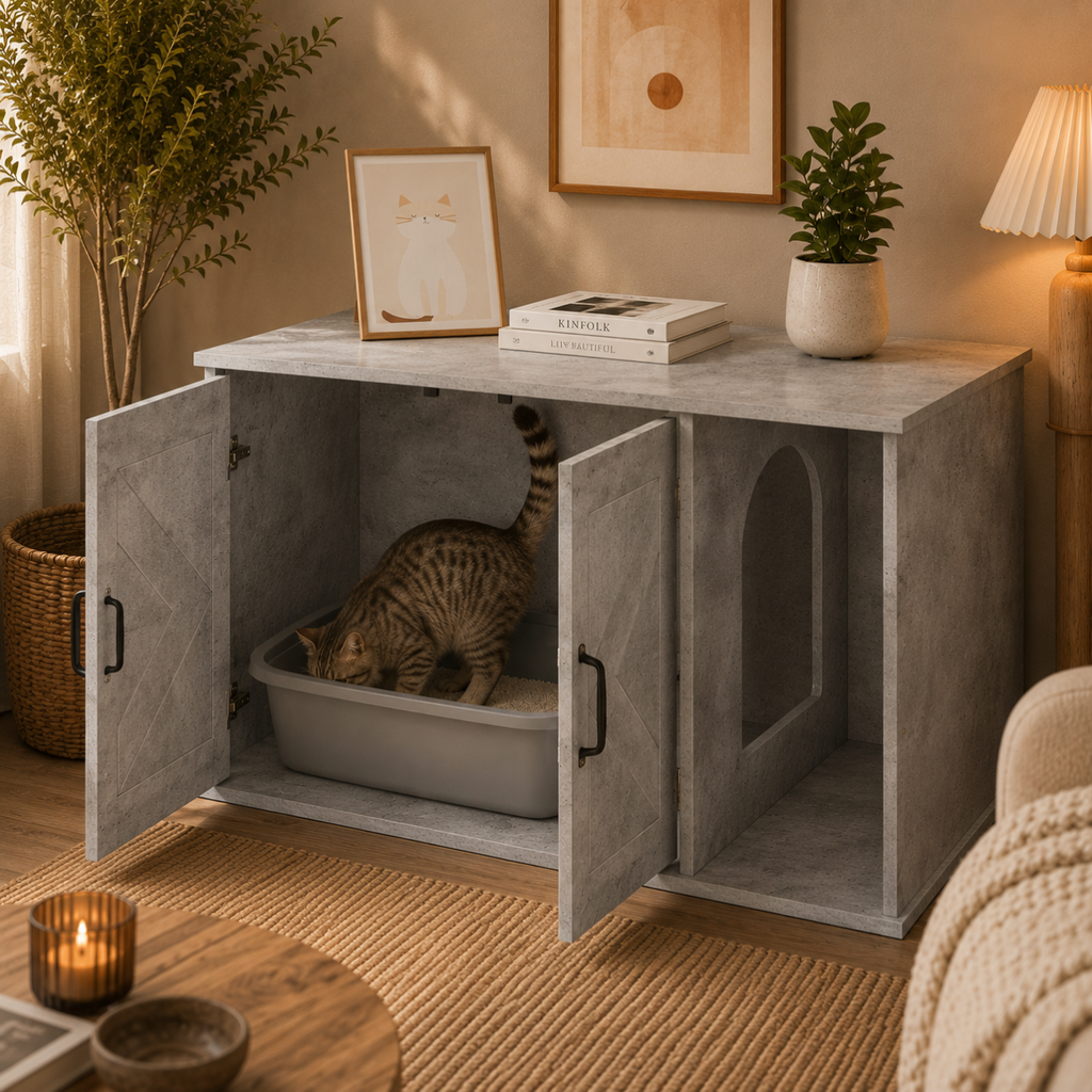 Meuble cache litière gris béton — Moderne