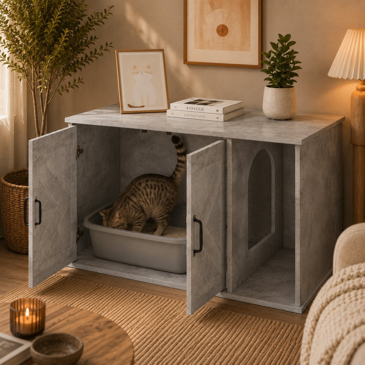 Meuble cache litière gris béton — Moderne
