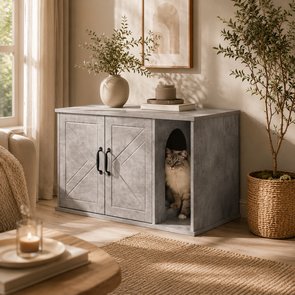 Meuble cache litière gris béton — Moderne