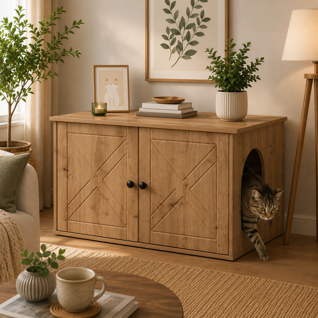 Meuble cache litière chêne artisan — Qualitatif