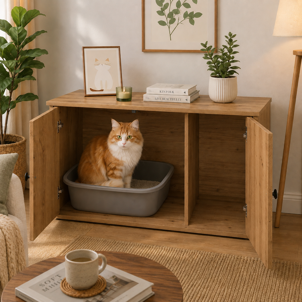 Meuble cache litière chêne artisan — Qualitatif