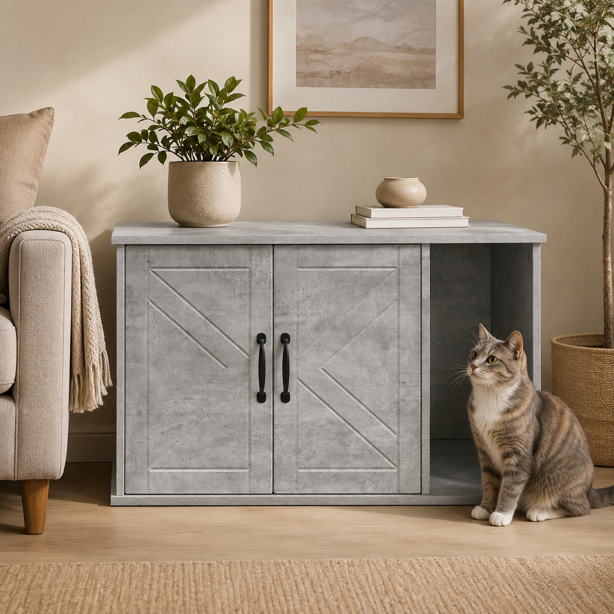 Meuble cache litière gris béton — Moderne
