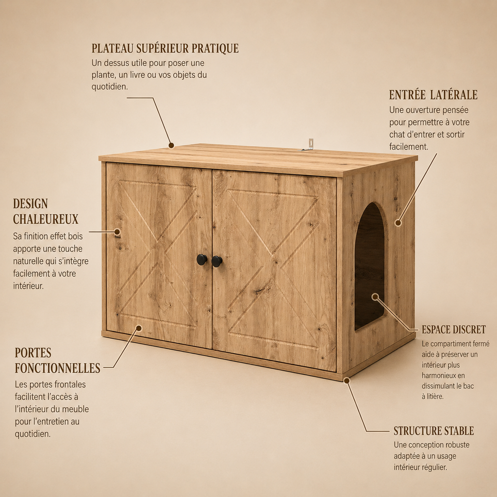 Meuble cache litière chêne artisan — Qualitatif