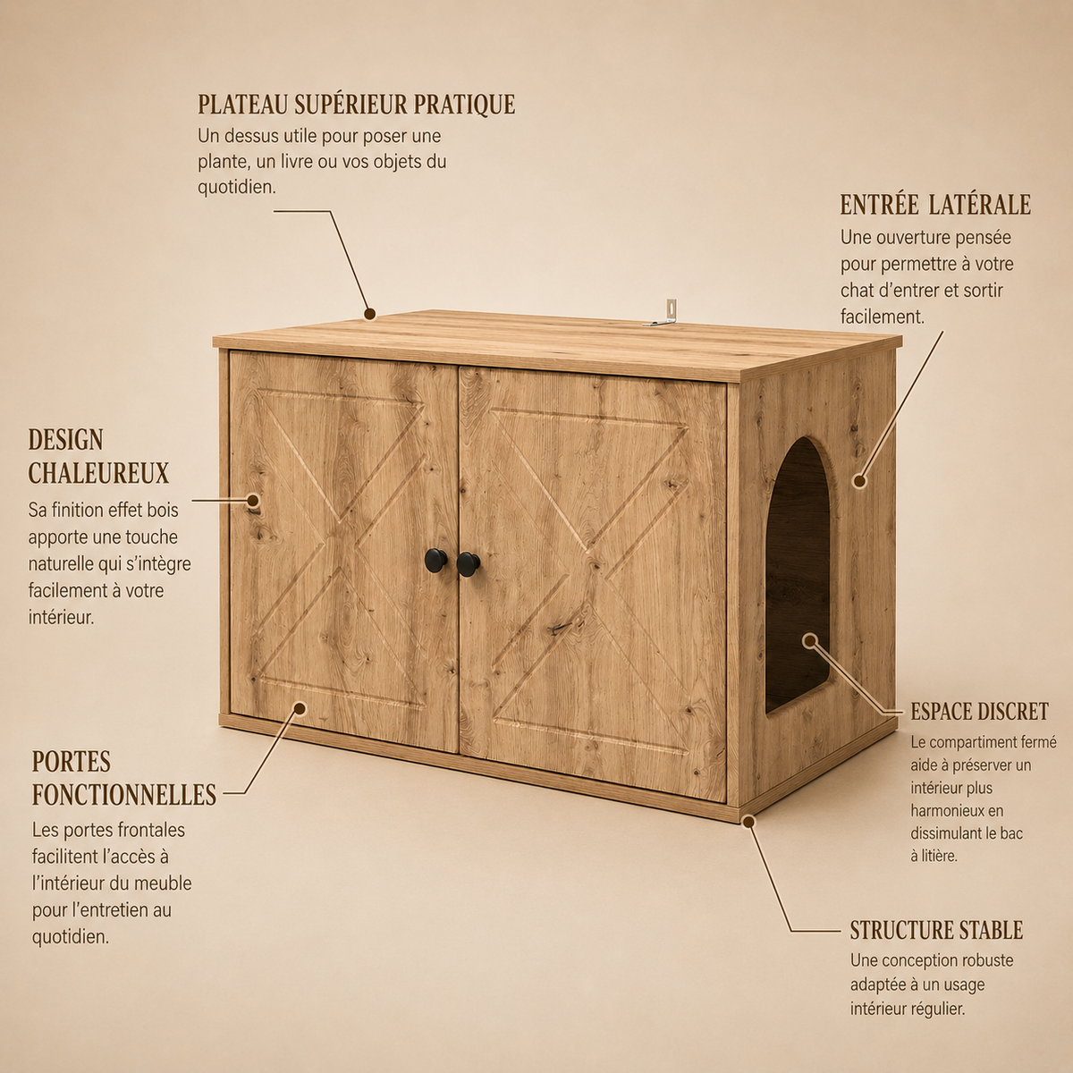 Meuble cache litière chêne artisan — Qualitatif
