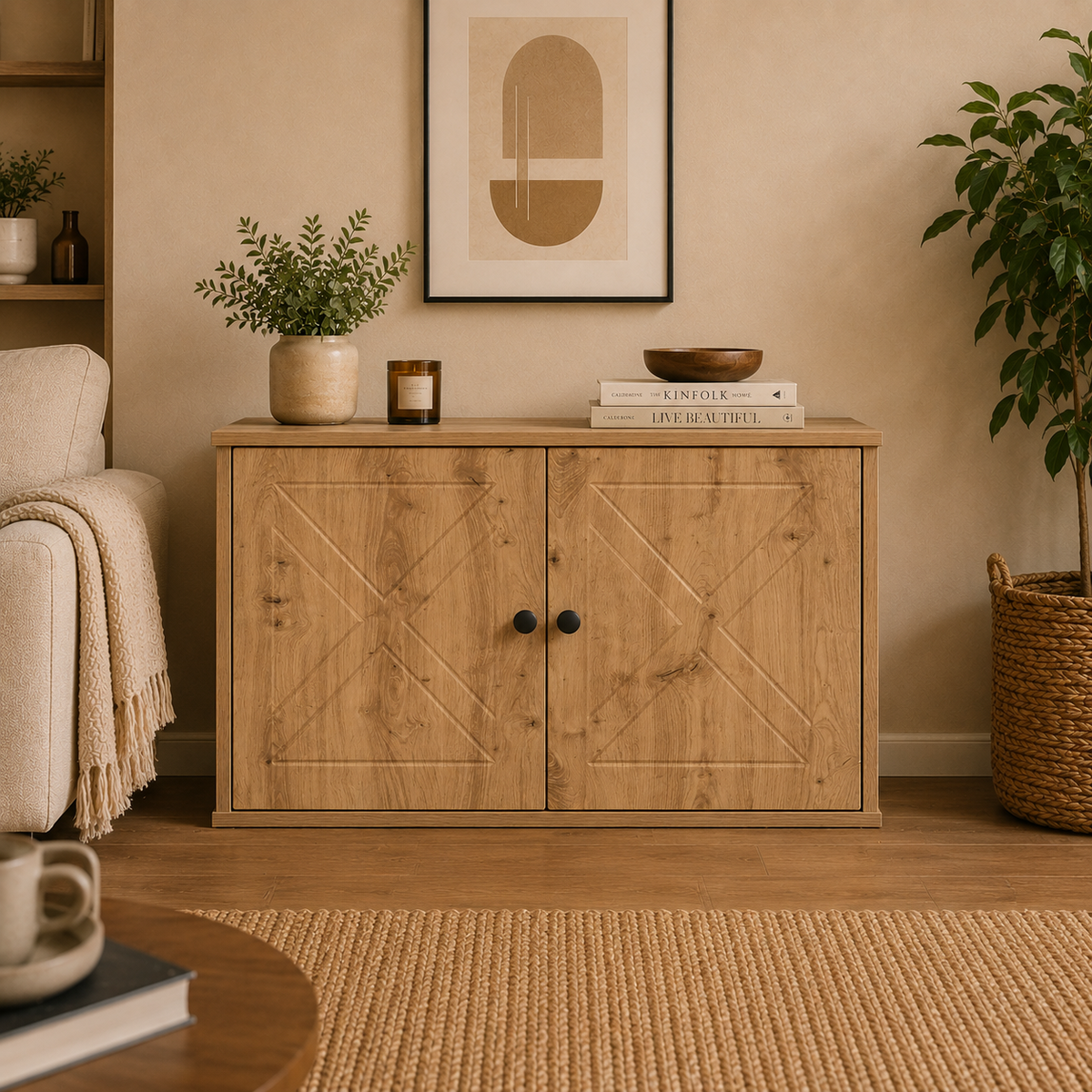 Meuble cache litière chêne artisan — Qualitatif